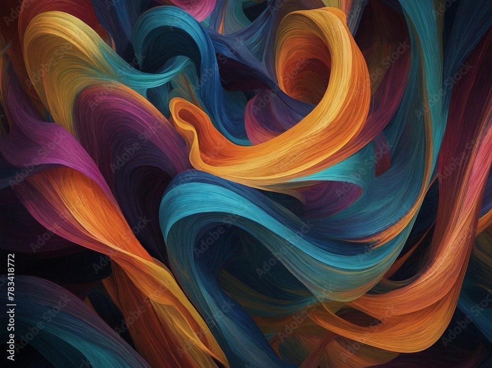 Vibrant, dynamic swirl of colors dominates image, creating sense of movement, fluidity as if hues dancing with each other; rich oranges twist intimately with deep blues, while purples. Vibrant, dynamic swirl of colors dominates image, creating sense of movement, fluidity as if hues dancing with each other; rich oranges twist intimately with deep blues, while purples.