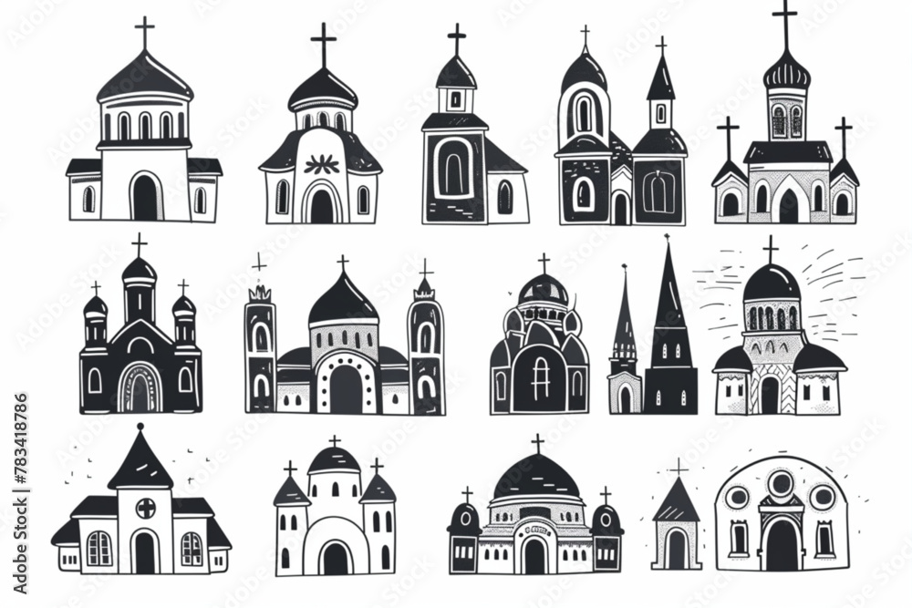 Church religious building set. Mosque, temple, synagogue, cathedral, orthodox, chapel, monastery. Hand drawn style vector illustration. vector icon, white background, black colour icon
