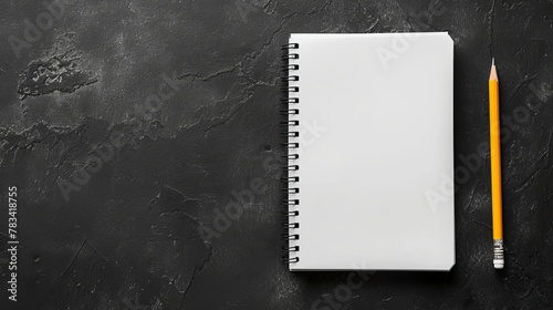 Black background with white blank notebook containing pencil, eraser, and tag paper. Concept of business and Instagram. photo