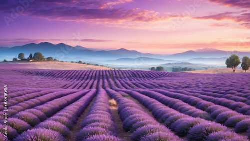 Enchanting lavender fields in a twilight gradient, exuding tranquility and romance.