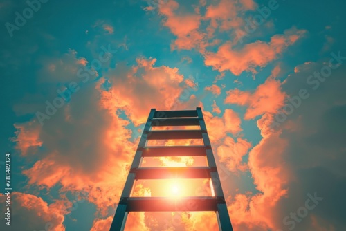 Silhouette of a ladder against a fiery orange cloud-filled sky at sunset.
