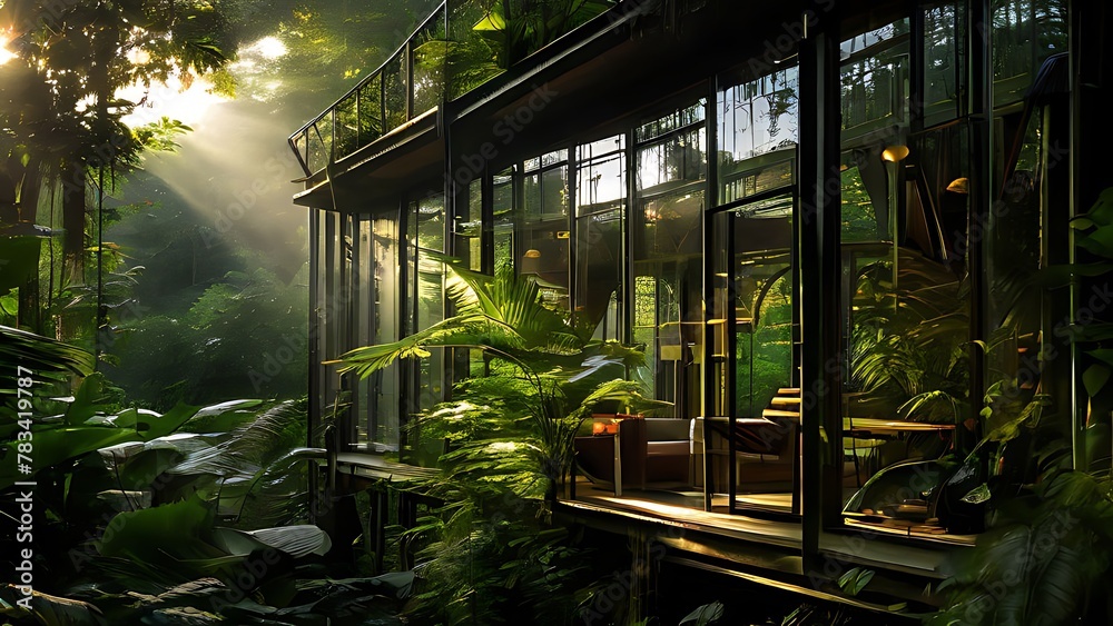 Sunlit Haven: Jungle House with Large Glass Windows, Capturing the Mesmerizing Play of Sunlight and Shadows Sunlit Haven: Jungle House with Large Glass Windows, Capturing the Mesmerizing Play of Sunlight and Shadows