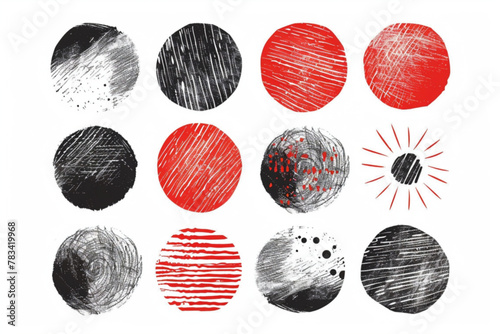 Hand drawn red circles ink textures set. Crosshatch, wood, rain, stippling, circle, linear and other stroke. Freehand doodle shapes collection. Isolated vector illustration vector icon, white backgrou photo