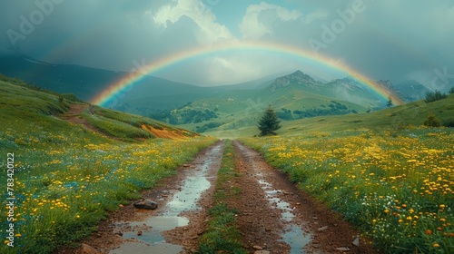   A dirt path in a expanses of verdant pastureland Above, an arching rainbow graces the sky Distantly, a towering mountain range forms the backdrop photo