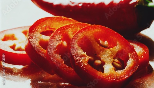 red hot chili pepper slices isolated on the white background clipping path © Lauren