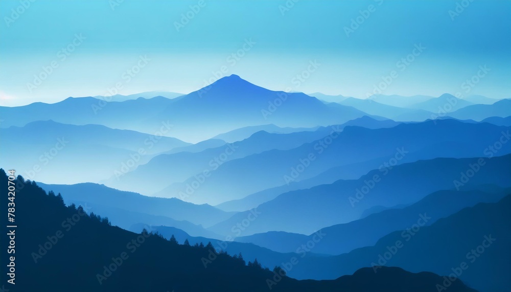 vector blue landscape with silhouettes of mountains and hills