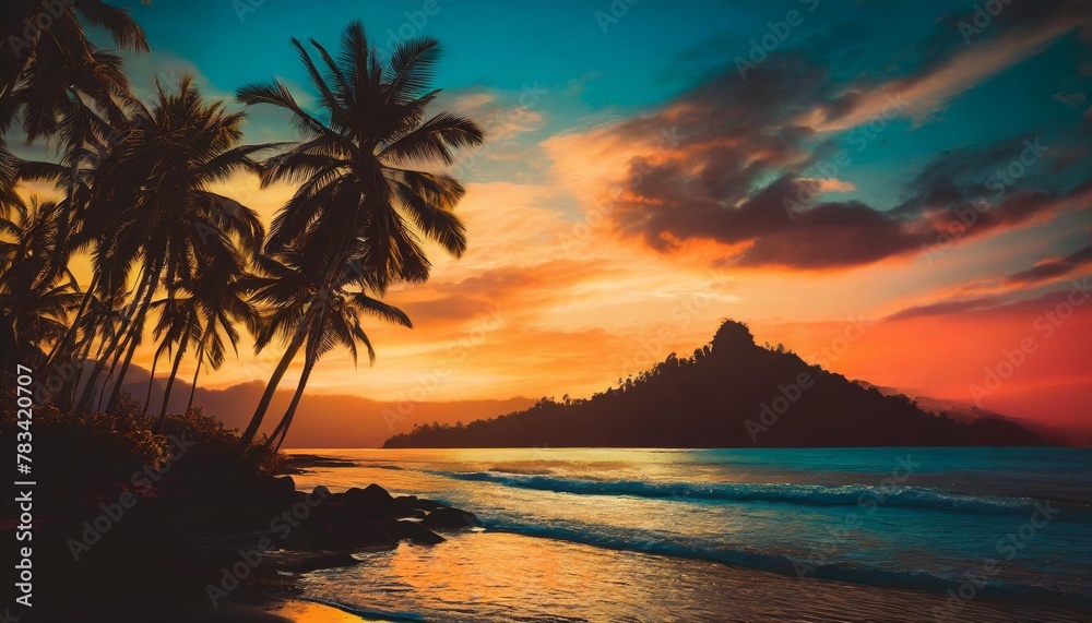 beautiful tropical beach landscape in a 80s retrowave theme mountain ranges palm trees beautiful sunset amazing printable wallpaper
