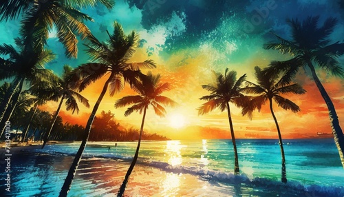 summer background palms sky and sea sunset gorgeous landscape watercolor © Lauren