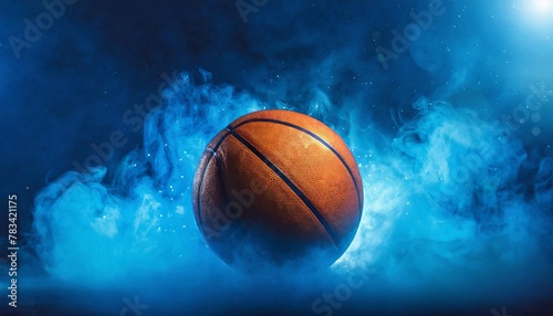 panorama banner with basketball ball in the center on a blue smoke background © Lauren