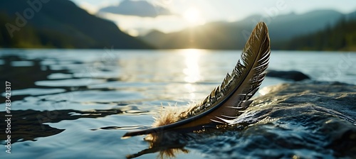 Tranquil Serenity: A Single Feather Floating Gracefully on the Gentle Ripples of a Pristine Lake, Symbolizing Solitude, Reflection, and the Sublime Beauty of Nature's Harmonious Dance