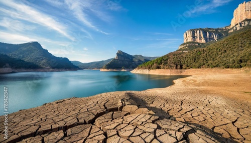 desolate landscape of dry and broken land in the sau reservoir panta de sau due to the greatest drought in catalonia in history photo