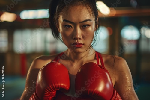 Determined female boxer ready for a fight in the ring
