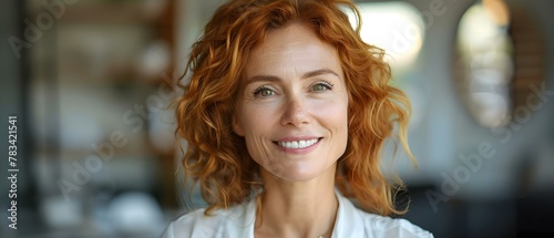 Smiling Red-Haired Woman, Bright and Confident. Concept Portrait Photography, Redhead Beauty, Expressive Smiles, Vibrant Colors photo