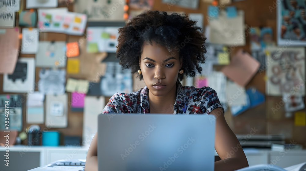 A young black woman in a creative office space, deeply focused on her laptop screen, with sketches and mood boards in the background, business technology, with copy space A young black woman in a creative office space, deeply focused on her laptop screen, with sketches and mood boards in the background, business technology, with copy space