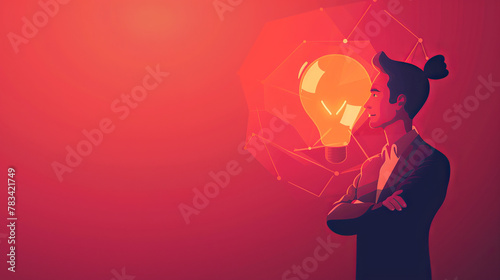 New idea concept. Business idea, plan strategy and solution concept. Business man having solution, ideas lamp bulb metaphor. Trendy character in red color. Vecor illustration photo