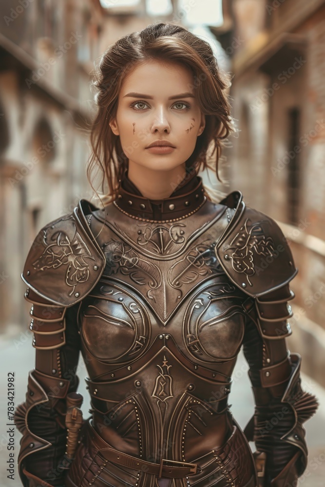 Confident female warrior in ornate armor standing in a medieval alley ...