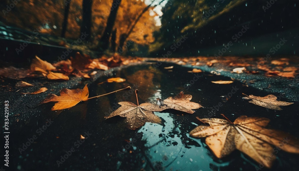 autumn leaves in a rain puddle season background