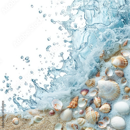 border. . shells  sand  sea. coastal wave. White background. water drop splashes. frame. concept vacation  travel  tropics. sandy beach  ocean wave  water splashes 