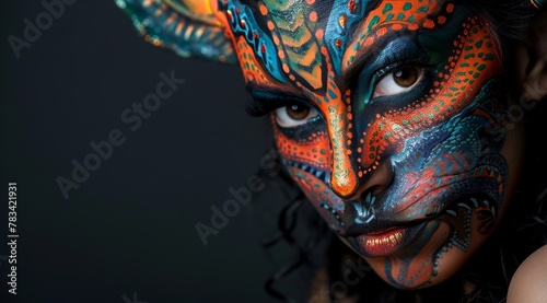 Woman with vibrant tribal face paint in a dramatic pose photo