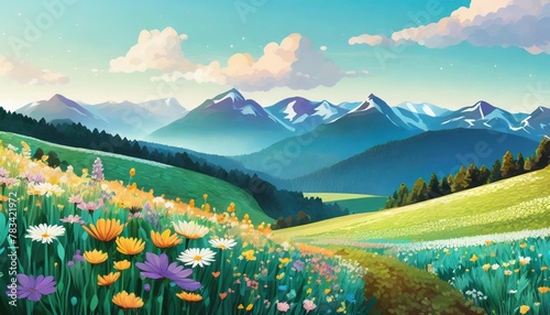 cheerful nature landscape with copy space banner with spring summer flowers field panoramic kids flat illustration of meadow with wildflowers on a background of mountains blue sky and clouds