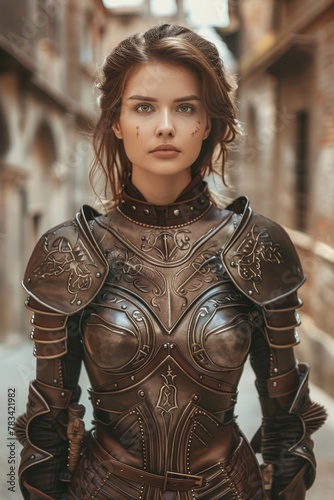 Confident female warrior in ornate armor standing in a medieval alley