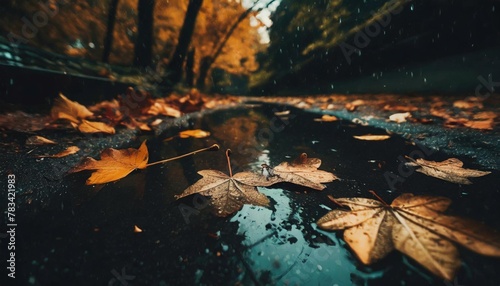 autumn leaves in a rain puddle season background © Tomas
