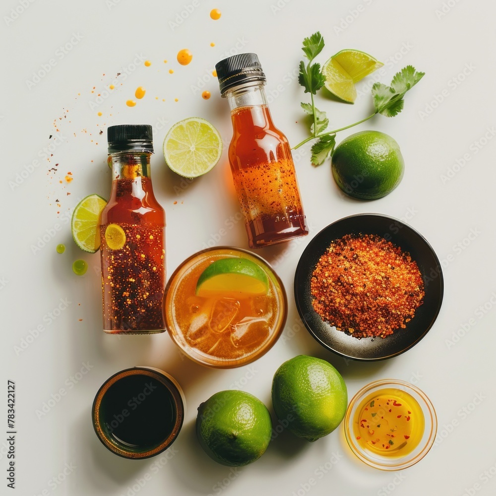 A meticulously arranged Michelada with ingredients and sauces, ideal for a recipe tutorial or food photography workshop. A meticulously arranged Michelada with ingredients and sauces, ideal for a recipe tutorial or food photography workshop.