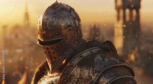 Medieval knight in armor at sunset