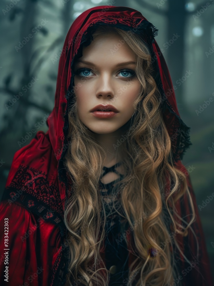 Mysterious Woman in Red Hood in Misty Forest