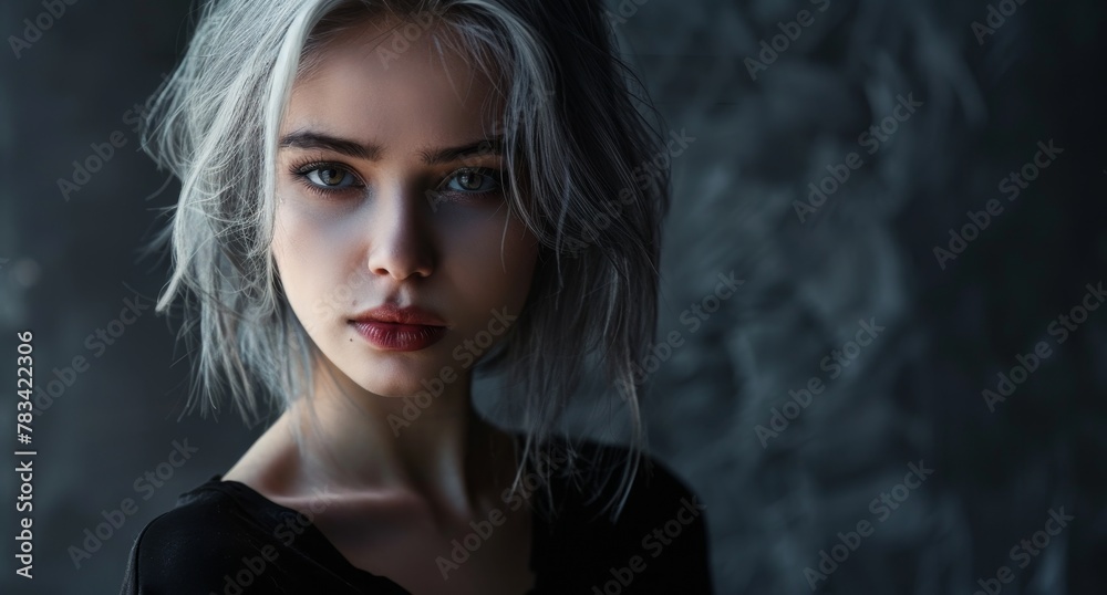 Intense gaze of a young woman with striking blue eyes Intense gaze of a young woman with striking blue eyes