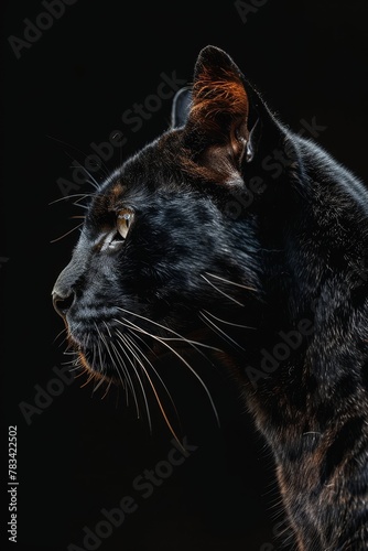 Majestic black cat with glowing eyes against a dark background © Erika