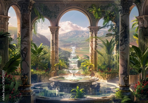 Luxurious palace interior overlooking a scenic landscape photo
