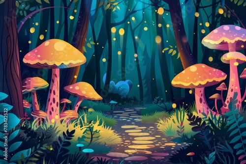 Enchanted Forest Path with Glowing Mushrooms at Night