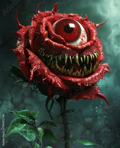 Surreal monstrous flower with an eye and sharp teeth