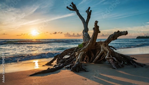 overgrown isolated tree roots on the beach with amazing sunset