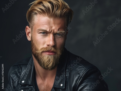 Confident man with beard and leather jacket posing in studio © Erika