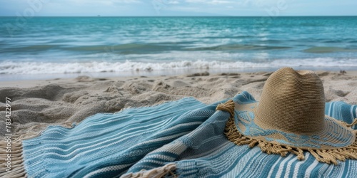 A straw hat rests on a blue and white striped beach towel on the sand, with the ocean in the background.