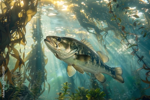 Fish swimming through sunlit underwater kelp forest
