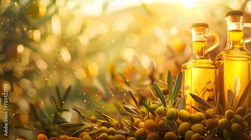 golden olive oil bottles with olives leaves and fruits setup in the middle of rural olive field with morning sunshine as wide banner with copyspace area