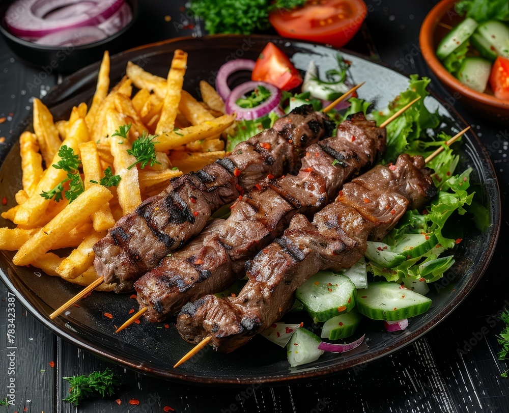 Delicious grilled skewers served with fries and fresh salad