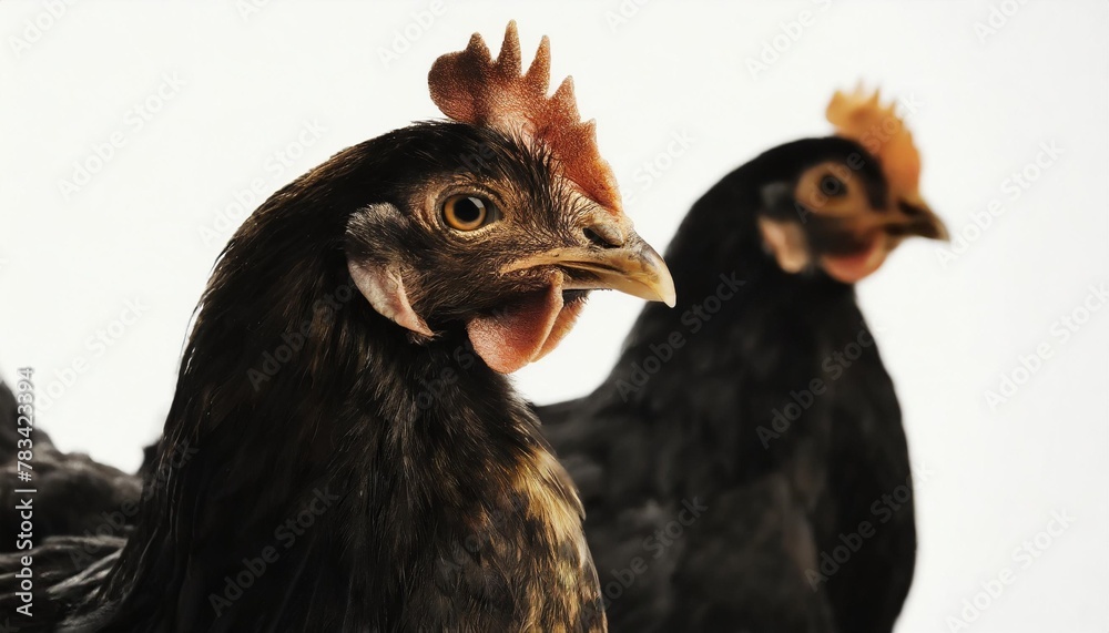 portrait of a funny chickens closeup isolated on white background