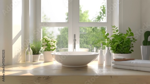 Elegant home bathroom interior with sink and accessories with window. Mock up