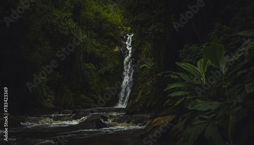 long river of the waterfall between green mountains dense rainforest with lush green foliage still life © Tomas