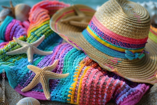 Colorful beach towel and woven sun hat adorned with a bright ribbon surrounded by starfish and seashells on sand. photo