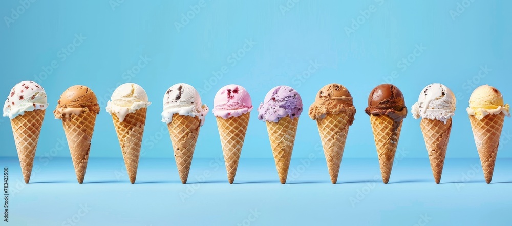 Variety of Ice Cream Cones Lined Up Against a Blue Background