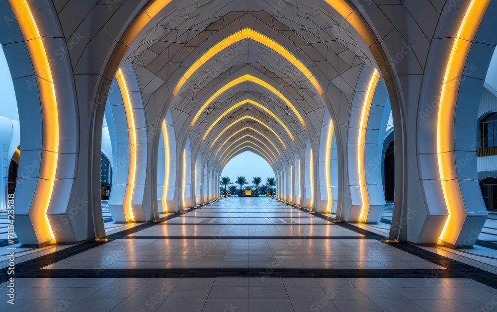 Futuristic corridor with illuminated arches leading to an outdoor view