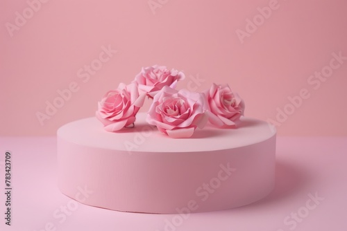 Group of elegant pink roses placed on a round pastel-colored pedestal  suitable for minimalist decor and events.