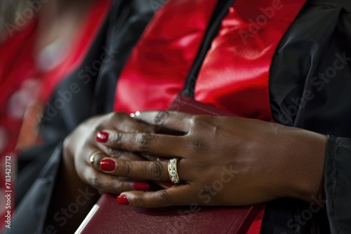 Close-up of an African American graduate's hands holding a diploma, with a red stole and black gown visible.
