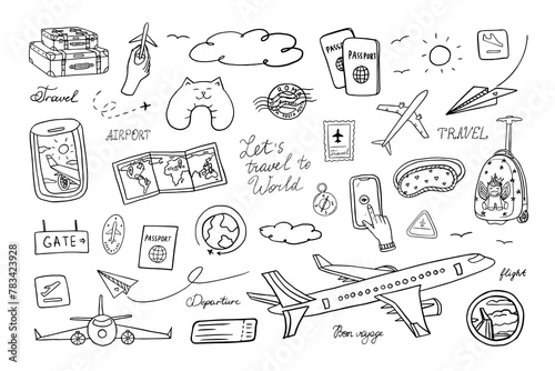 Travel set in doodle style. Suitcase, baggage, plane, fly, ticket, flight, maps, boarding pass, clouds, view from the window, passport stamp, passport, route. Hand drawn