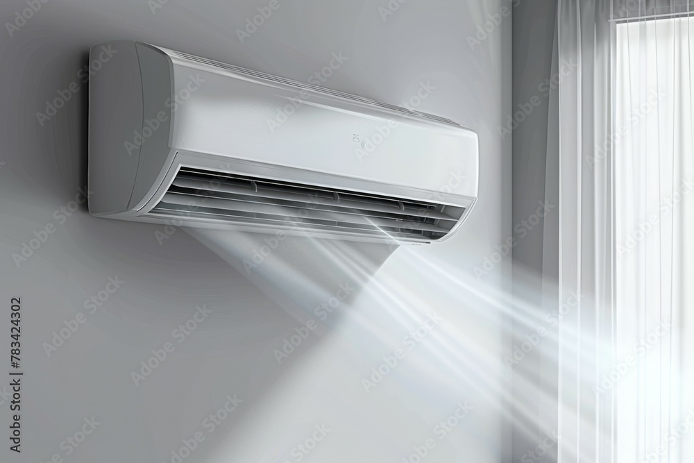 White air conditioner is blowing out cool air. Summer heat concept White air conditioner is blowing out cool air. Summer heat concept